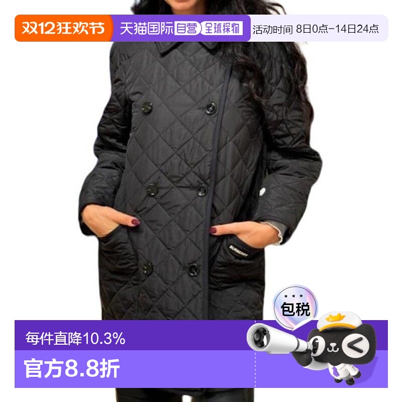 【自营】欧洲直邮BURBERRY博柏利女士黑色字母印花翻领双排扣棉服