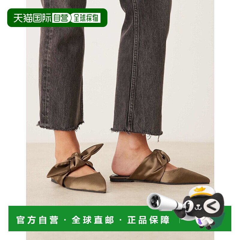 1h可退 香港直邮ASOS 女士 Lunar 设计宽版蝴蝶结橄榄绿绸缎凉拖