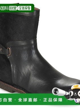 欧洲直邮kickers 女黑色皮革拼接拉链中筒平底复古时尚舒适时装靴