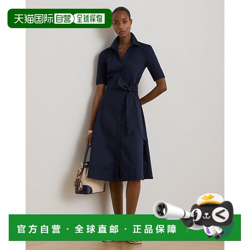 自营欧洲直邮Ralph Lauren拉夫劳伦 女士海军蓝棉混纺腰带衬衫连