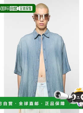 欧洲直邮ACNE (2025新品) 徽标印花系扣衬衫短袖宽松棉麻麻混纺