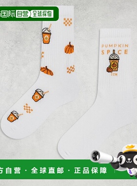 1h可退 香港直邮ASOS 男士 设计土黄色图形袜子(2件套)(白色)