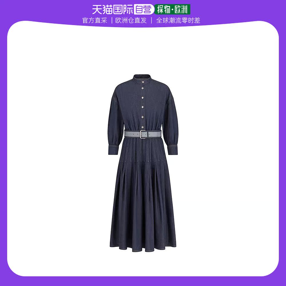 欧洲直邮DIOR/迪奥23新款 女蓝色棉质牛仔布配腰带衬衫式长连衣裙