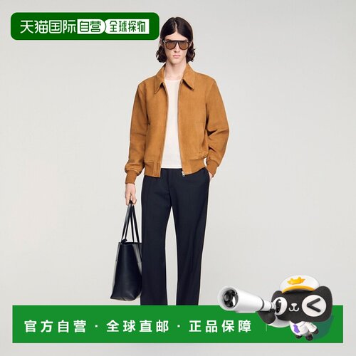 自营欧洲直邮Sandro桑德罗 男士干邑色羊皮革夹克