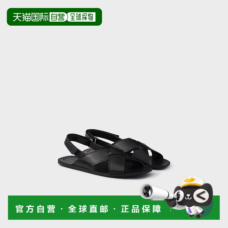 自营欧洲直邮Prada普拉达 男士黑色小牛皮魔术贴绑带凉鞋