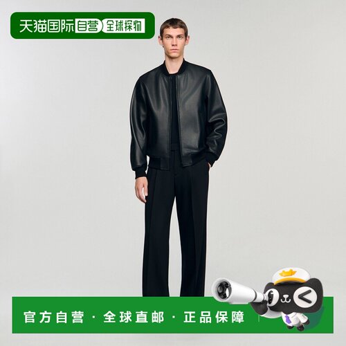 自营欧洲直邮Sandro桑德罗 男士皮革羊皮黑色长袖皮夹克夹克