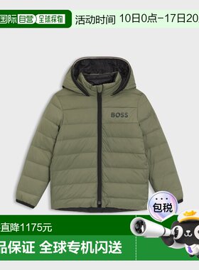 欧洲直邮Hugo Boss 4-14岁儿童深绿色锦纶防泼水连帽羽绒服外套