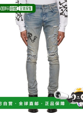 1h可退 香港直邮AMIRI 男士 蓝色 Old English 徽标牛仔裤 PS22MD