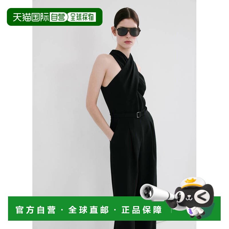 自营欧洲直邮MANGO 女士黑色聚酯纤维交叉领腰带长款连体裤