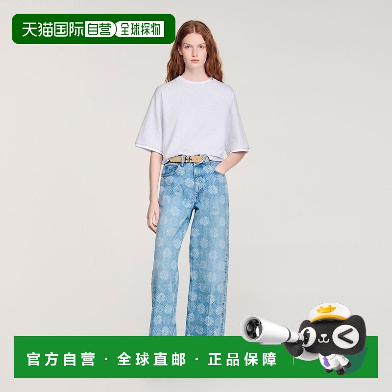 自营欧洲直邮Sandro桑德罗 女士蓝色棉质印花宽松牛仔裤直筒裤