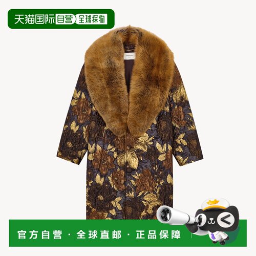自营欧洲直邮YSL圣罗兰 女士金棕色提花剪羊毛茧形大衣