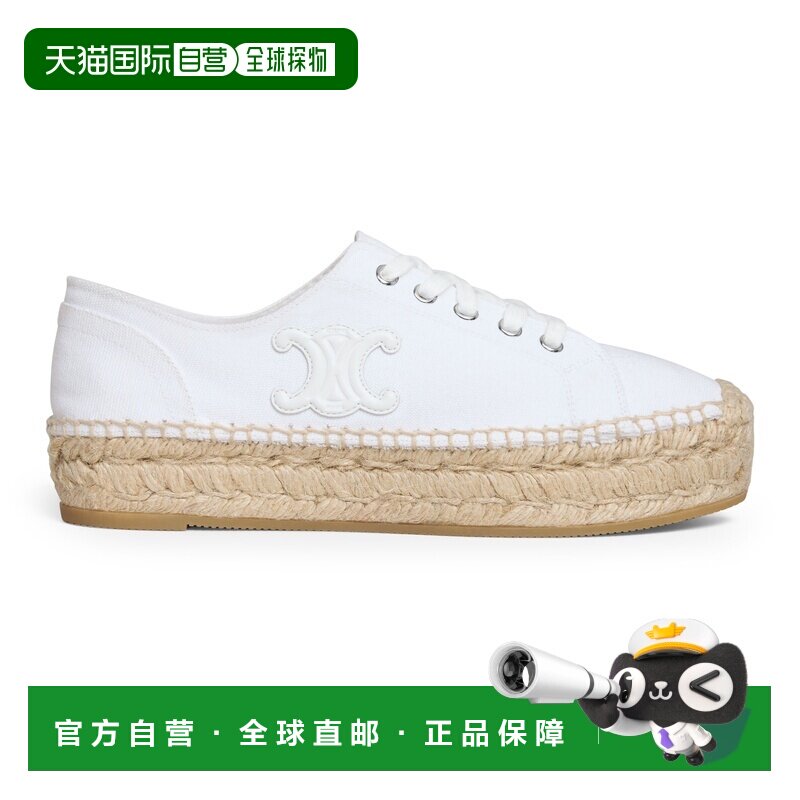 自营1h可退 欧洲直邮CELINE思琳 女士白色帆布小牛皮系带坡跟鞋图片