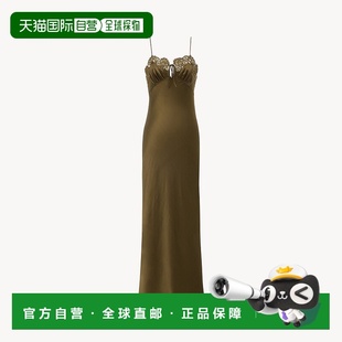 自营欧洲直邮YSL圣罗兰 连衣裙 女士卡其色真丝荷叶边蕾丝镶边无袖