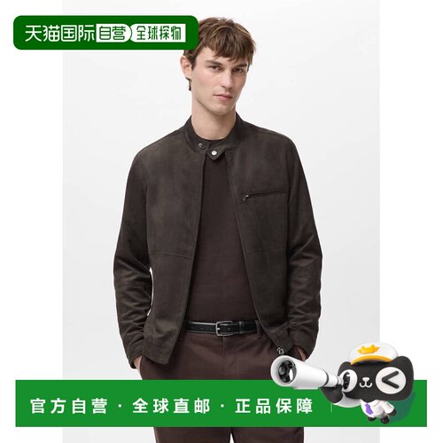 自营欧洲直邮MANGO 男士棕色聚酯纤维仿皮革机车夹克长袖