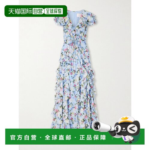 美国直邮CAROLINA HERRERA 女士 荷叶边花卉印花真丝雪纺礼服 E26