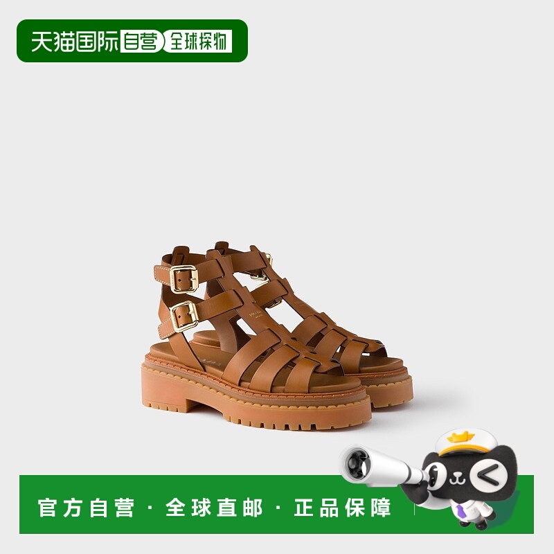 自营欧洲直邮Prada普拉达 女士皮革色小牛皮丝印徽标凉鞋