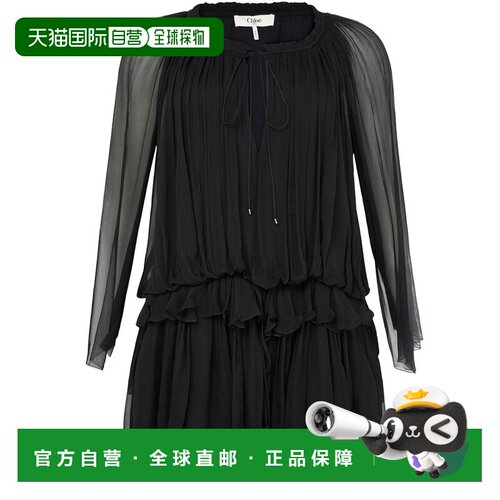 自营欧洲直邮CHLOE蔻依 女士黑色真丝披肩领长袖迷你连衣裙