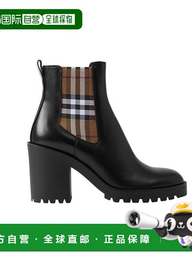 自营欧洲直邮BURBERRY/博柏利 女士黑色皮革棕格纹高跟低筒踝靴7c
