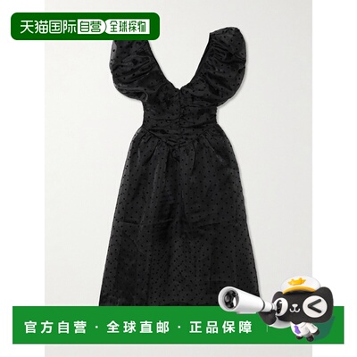 香港直邮GANNI 甘尼 女士 褶皱植绒波尔卡圆点再生欧根纱中长连衣
