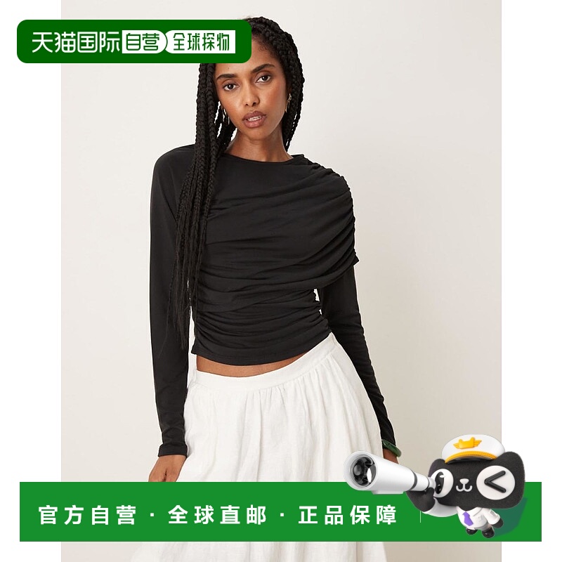 1h可退 香港直邮ASOS 女士 设计莫代尔裹式长袖T恤(黑色)