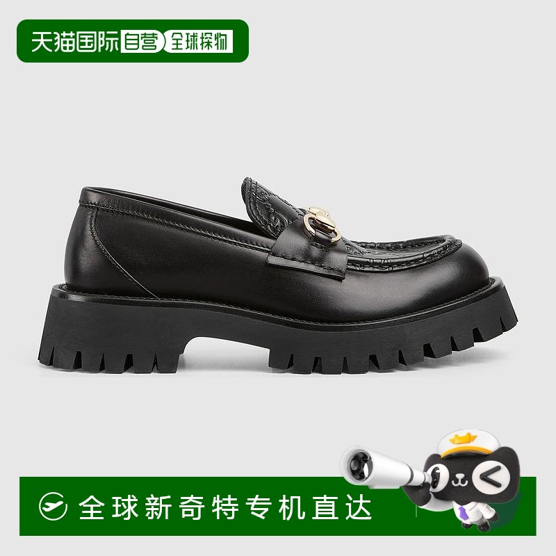 欧洲直邮Gucci古驰女士黑色皮革女式凹口鞋底马衔扣莫卡辛鞋
