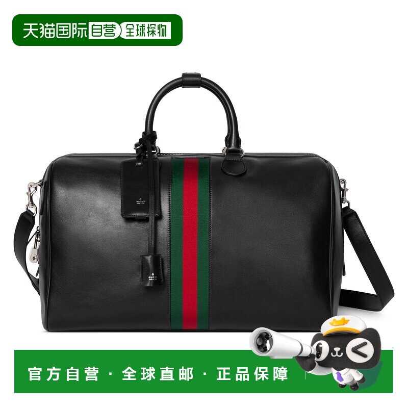 自营欧洲直邮GUCCI古驰 Web Trademark黑色皮革中号旅行包
