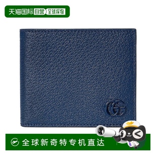 古驰 欧洲直邮Gucci 女士宝蓝色皮革Marmont双G徽标双折皮钱包