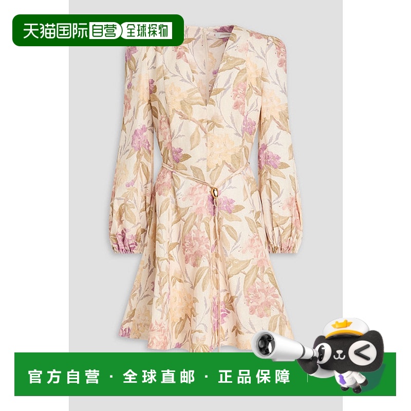 香港直邮ZIMMERMANN 女士 束带印花亚麻迷你连衣裙 0872DF241CREA