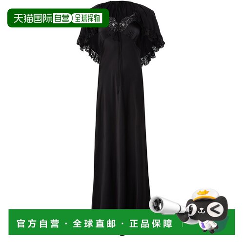 自营欧洲直邮CHLOE蔻依 女士黑色丝质蕾丝荷叶边长款连衣裙长裙