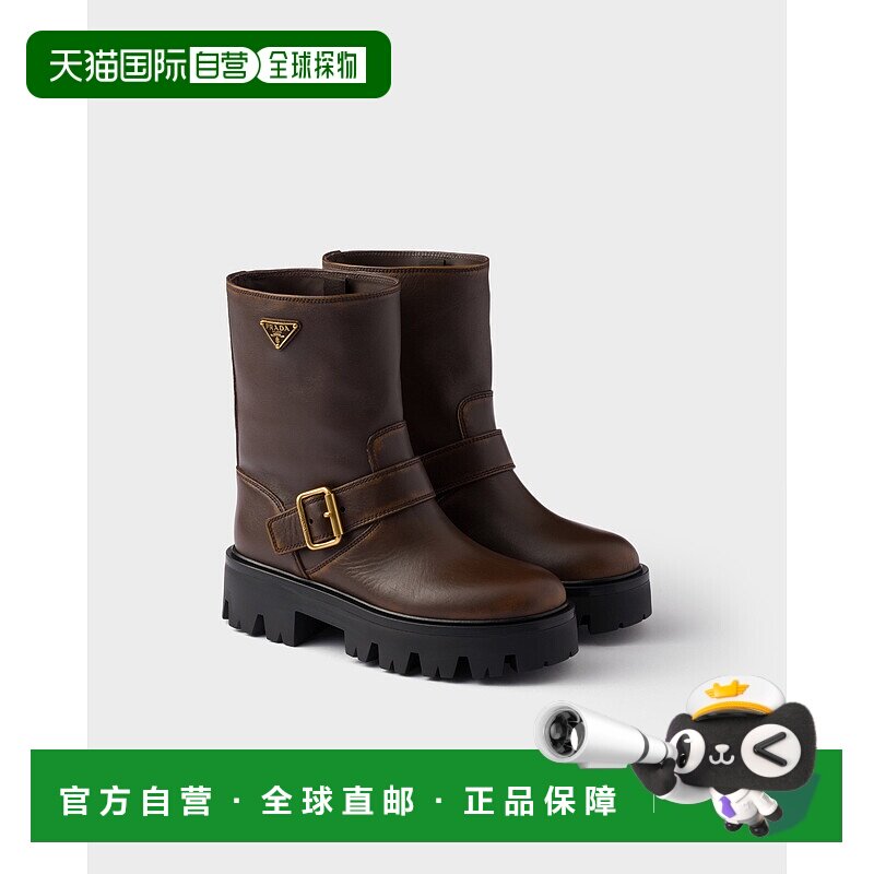 欧洲直邮PRADA (2025新品) 皮革踝靴普拉达厚底鞋女靴中筒靴