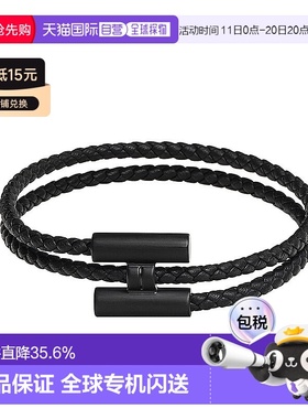 自营1h可退 欧洲直邮Hermes爱马仕编织手链男士黑色小牛皮金属