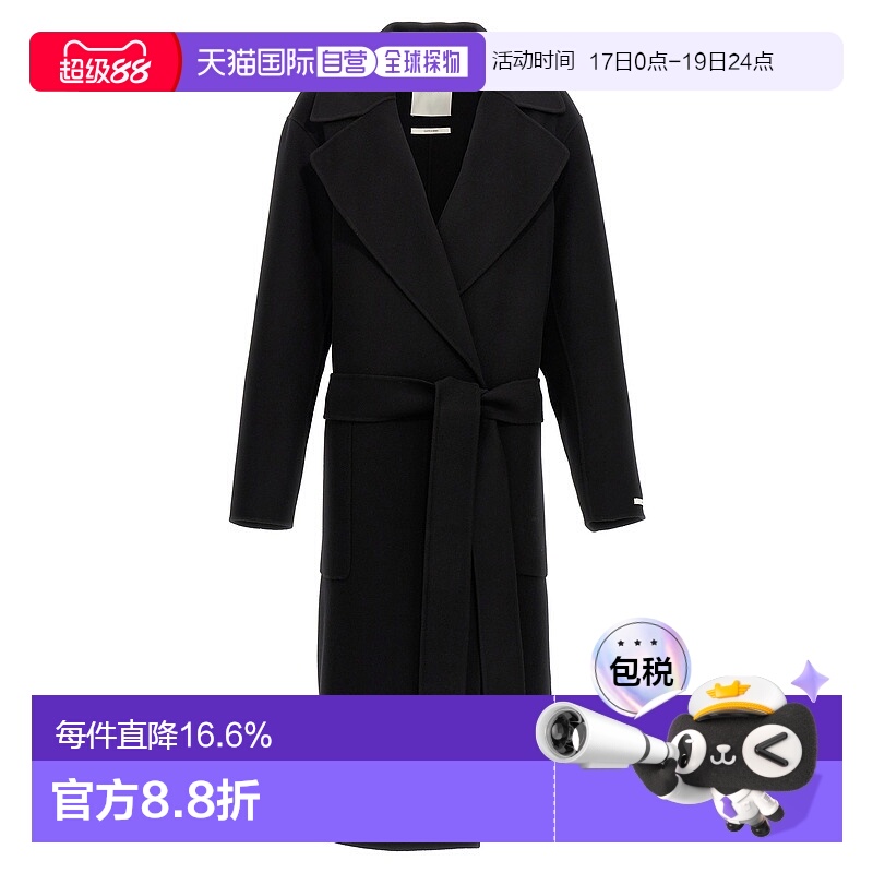【自营】欧洲直邮MAX MARA Sportmax女士黑色羊毛腰带翻领大衣