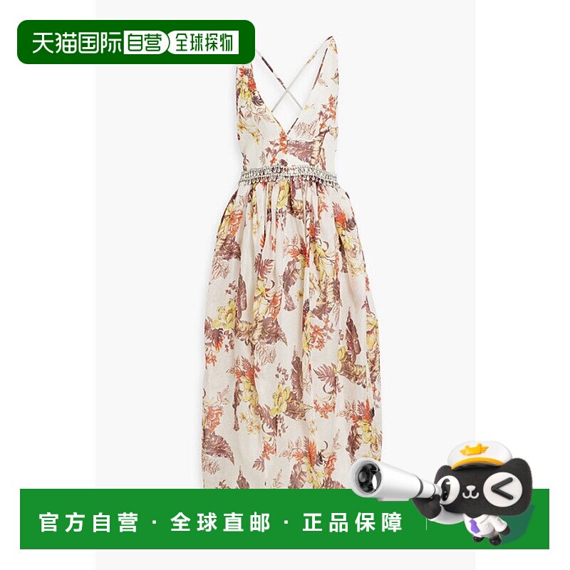 香港直邮ZIMMERMANN 女士 水晶装饰印花亚麻真丝混纺中长连衣裙 8