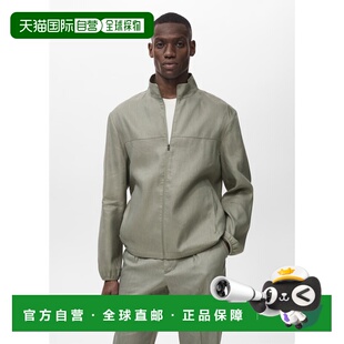 自营欧洲直邮Mango芒果 男士暗绿色带拉链的亚麻夹克