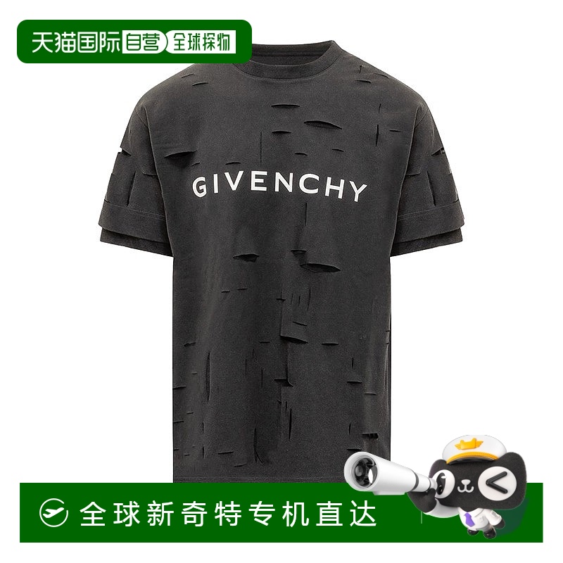 欧洲直邮Givenchy/纪梵希 男士黑色棉质徽标印花破洞做旧短袖T恤