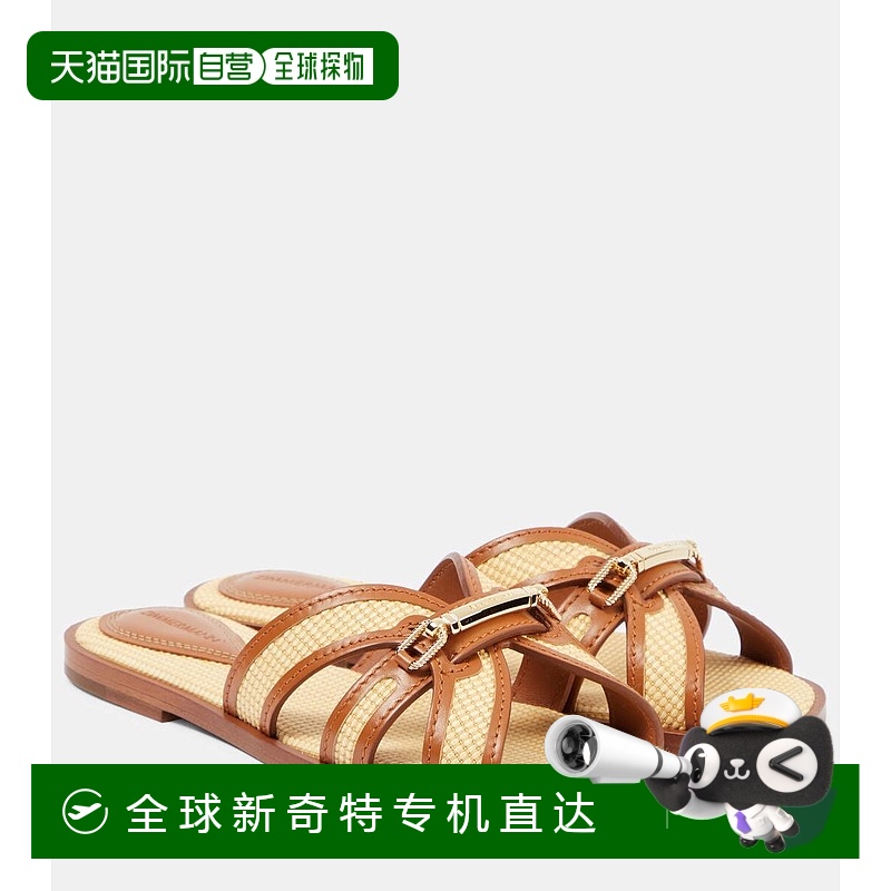 1h可退 香港直邮ZIMMERMANN 女士 棱镜皮革边拉菲草编织凉拖 0013
