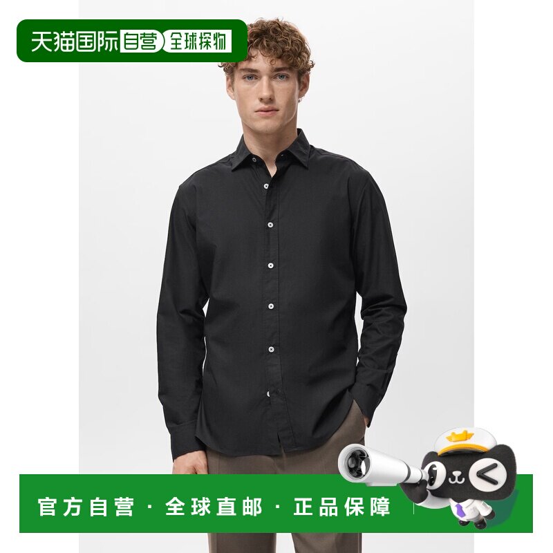 自营欧洲直邮Mango芒果 男士黑色纯棉常规版型长袖衬衫