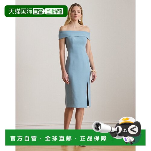 自营欧洲直邮Ralph Lauren拉夫劳伦 女士蓝色露肩绉纱连衣裙裙子