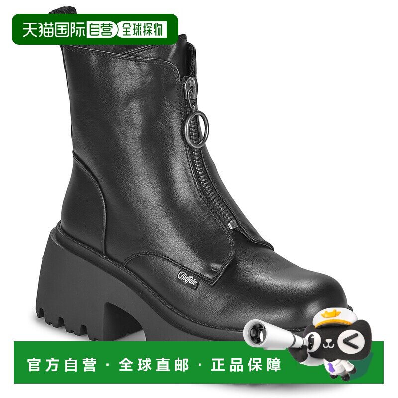 欧洲直邮Buffalo靴子女显瘦马丁靴前拉链高跟短靴黑色2026新款