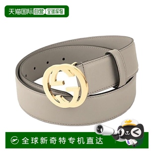 古馳 歐洲直郵Gucci 女士灰色皮革亮金色GG造型板扣腰帶4cm