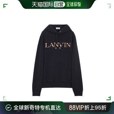 欧洲直邮LANVIN 23新款 男黑色抓绒棉质带贴袋标志刺绣连帽卫衣