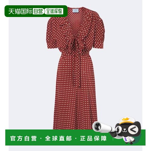 香港直邮Prada 普拉达 女士 波尔卡圆点荷叶边真丝中长连衣裙