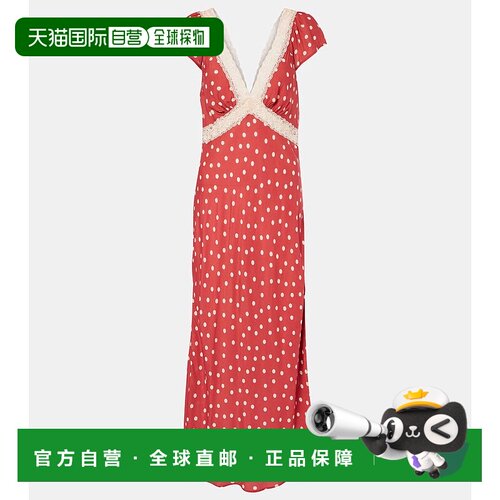 香港直邮RIXO 女士 Iggy 波尔卡圆点蕾丝边缎面中长连衣裙吊带