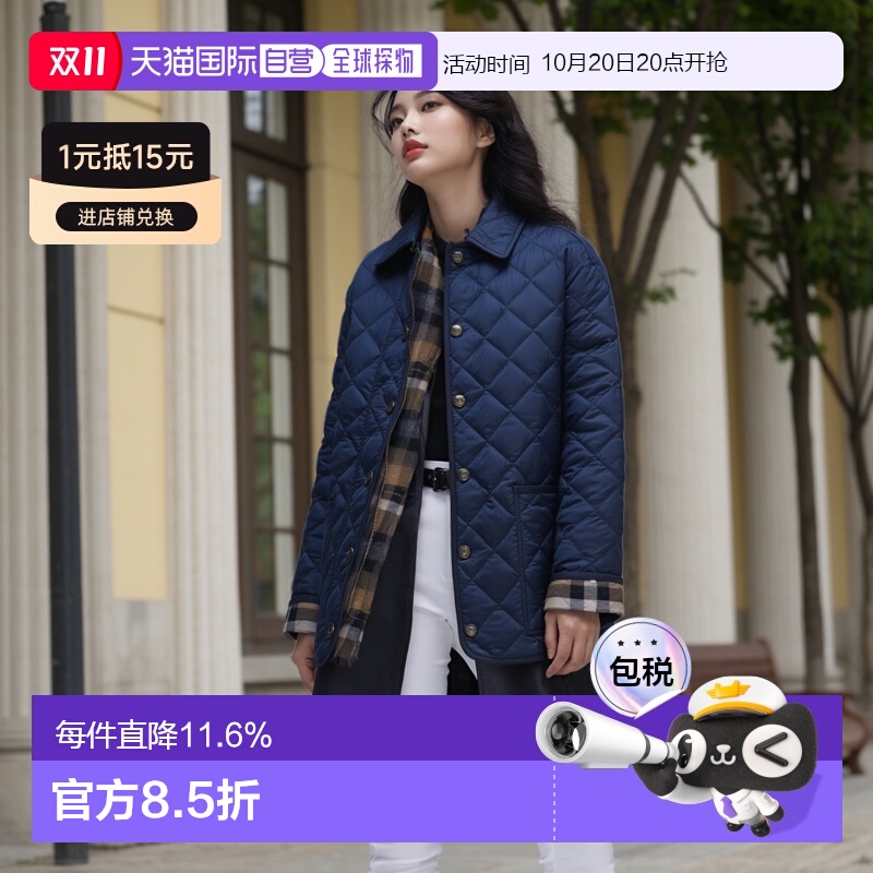 自营欧洲直邮BURBERRY博柏利 女士单排扣翻领海军蓝长袖棉服外套