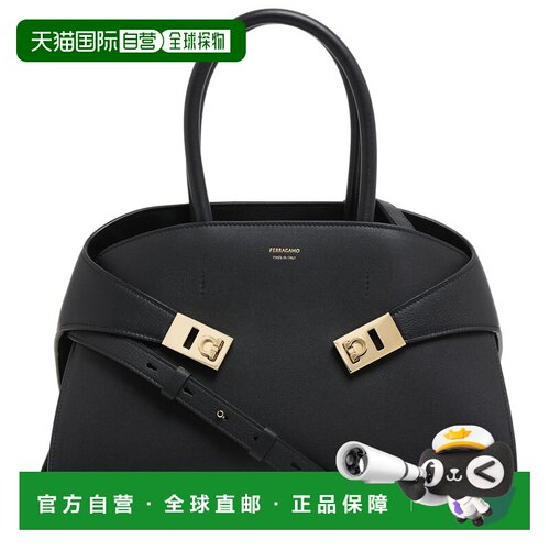 自营欧洲直邮FERRAGAMO菲拉格慕 女士黑色光滑皮革双提手手提包