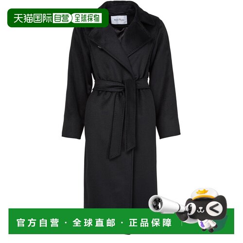自营欧洲直邮MAX MARA Manuela女士黑色骆驼毛长款系带大衣