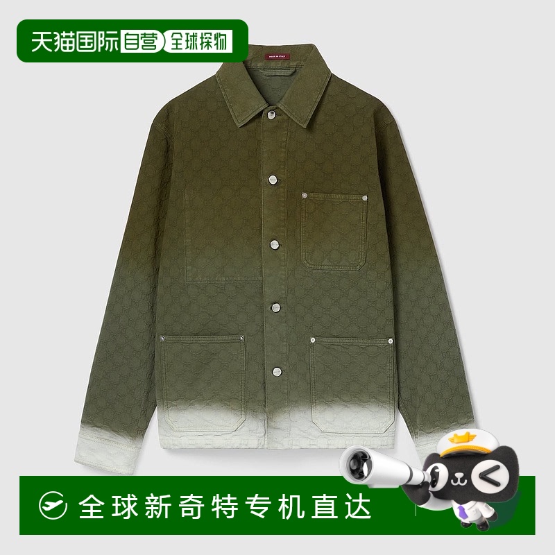欧洲直邮Gucci/古驰 男士深森林绿/白色棉双G提花牛仔长袖衬衫