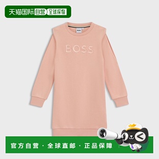 欧洲直邮Hugo Boss 儿童浅粉色棉刺绣Logo长袖连衣裙针织
