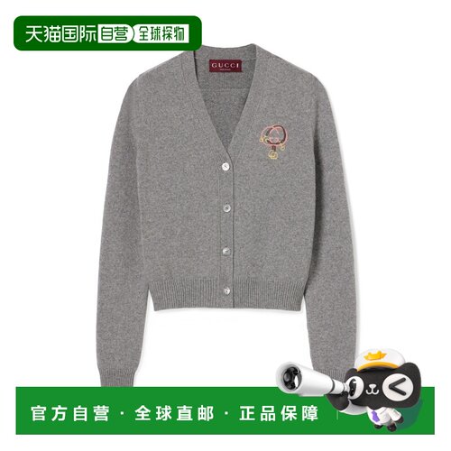 自营欧洲直邮GUCCI古驰 女士灰色羊毛羊绒Web条纹刺绣针织开衫