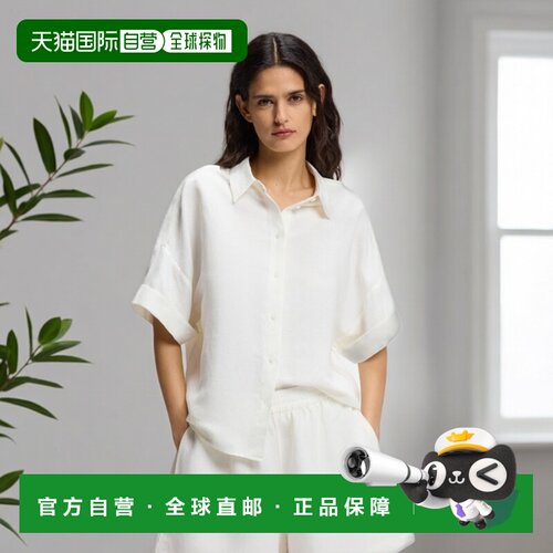 自营HUGO BOSS雨果 女士白色亚麻粘胶纤维卷袖常规衬衫通勤